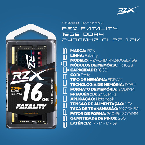 Memoria para portátil Rzx Fatality de 16 GB, Ddr4, 2400 MHz, CL17, 1,2 V