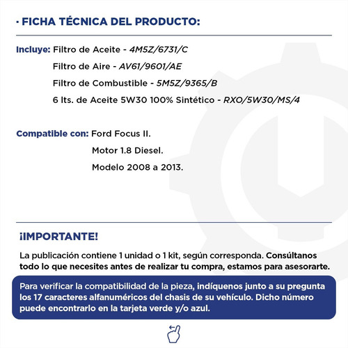 Kit 3 Filtros Ford Focus Diesel 1.8 + Aceite 5w30 6 Lt 08/13