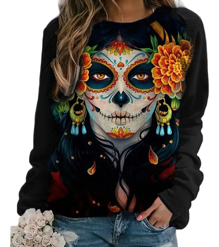 Bluson Catrina Esqueleto Blusa De Huesos Larga Halloween