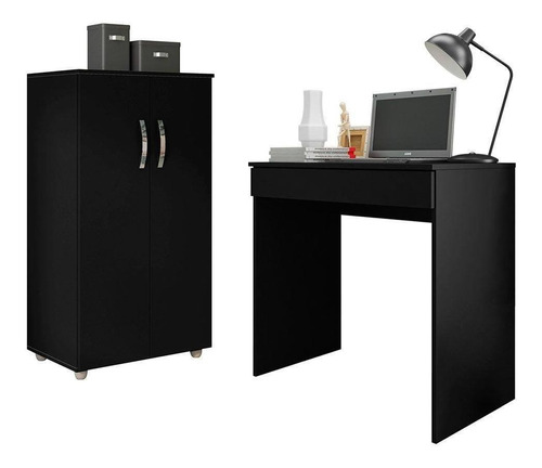 Conjunto Home Office Mesa Escrivaninha E Armário Preto Cor Transparente