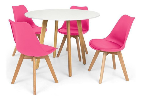 Conjunto Mesa Jantar Laura 100cm Branca Com 4 Cadeiras Leda Cor Rosa