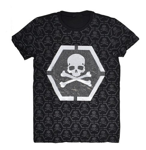 Playera Skull Caution Plata Negra Con Aplicaciones