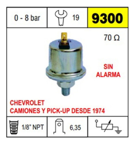 Bulbo Presion Aceite Chevrolet Pick Up 74/+ 70 Ohms