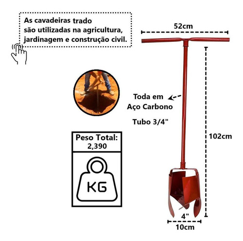 Kit Cavadeira Trado 04pol Cabo Aço Carbono E 02 Extensor