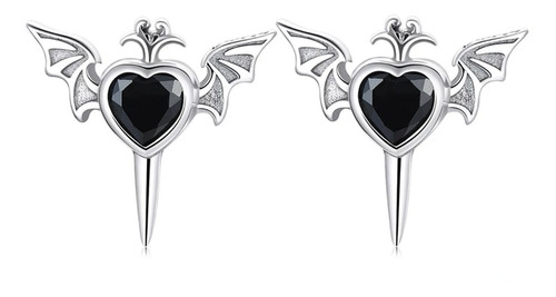 Aretes Corazón Con Alas Estilo Punk, Gótico Plata S925 