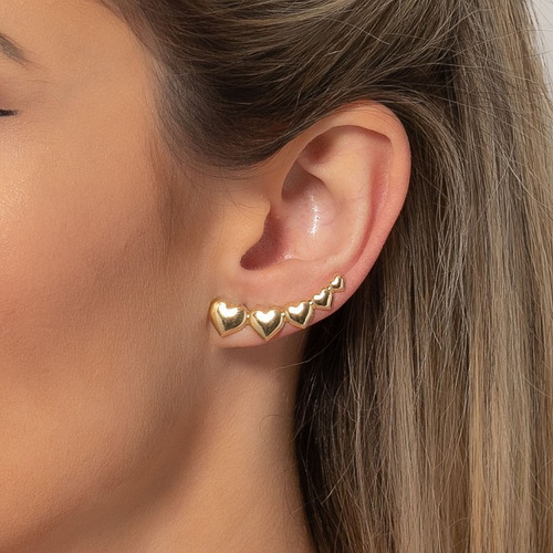 Brinco Ear Cuff Corações Semijoia Banho Em Ouro 18k