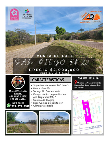 Venta Lote San Diego 58 Mz Xv En Avenida Principal Con Vistas Maravillosas, Todos Los Servicios, Proyecto Arquitectónico Incluído En Fracc Rancho San Diego Ixtaán De La Sal Edomex