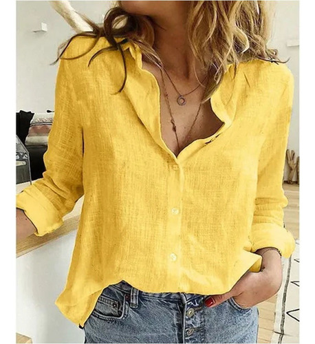 Blusa De Lino Y Algodón De Manga Larga Talla Grande