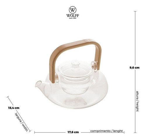 Chaleira De Vidro Alça Bambu Resistente Ao Calor 800ml Wolff