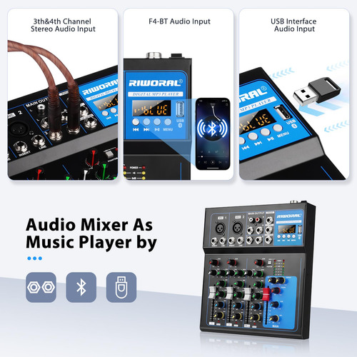 Audio Interface Mixer Riworal 4 Channel W/ Bluetooth +48v