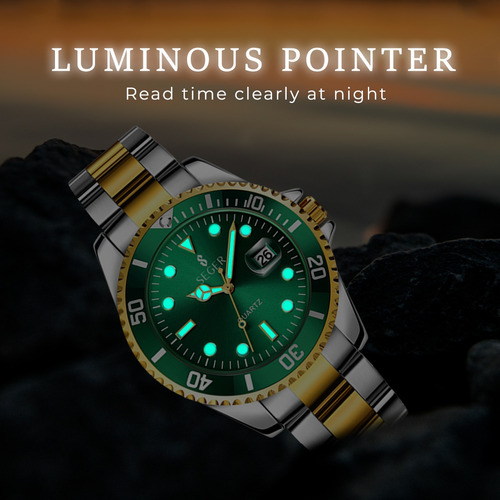 Reloj Mimimalista Elegante Seger 1779 Acero Fecha ! Color De La Malla Plateado Color Del Bisel Verde