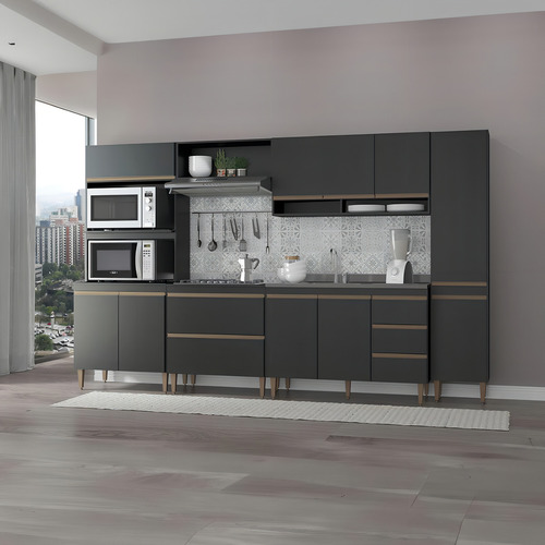 Cozinha Modulada Completa Com Torre Quente Sabrina 6 Pçs Mdp Cor Preto