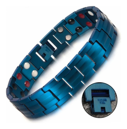 Pulsera Magnetica Acero Titanio Terapia Imanes Azul