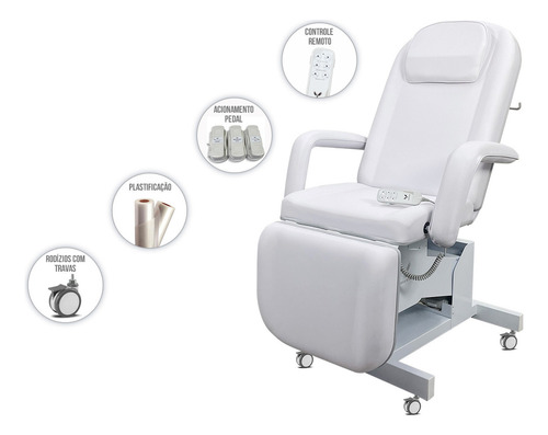 Maca Poltrona Elétrica Bivolt Completa Rodizios Plastificação Pedal Controle Estética Spa Cor Pérola / Base Branco