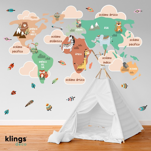 Vinilo Decorativo Infantil Mapa Animalitos Boho 90x120cm