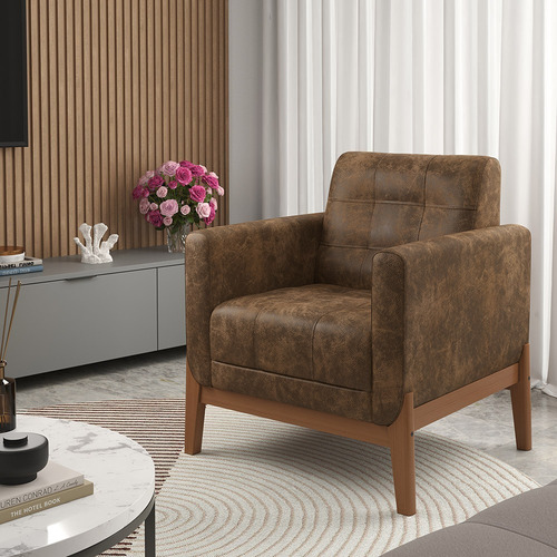 Poltrona Com Base De Madeira Brooks Nobuck Marrom