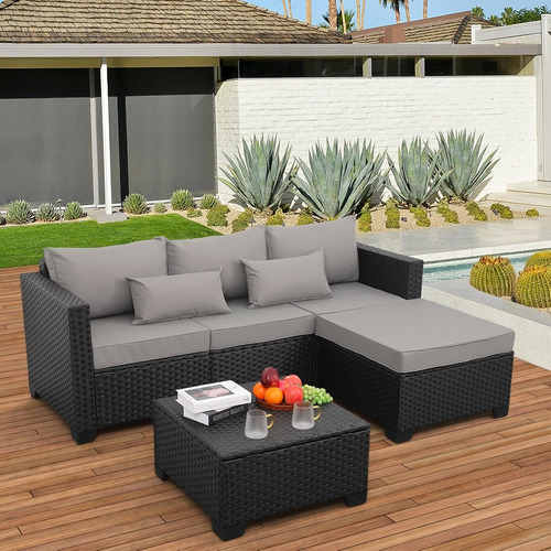 Juego De Muebles Sofa De Rattan Exterior Patio Negro 7 Pz Gris