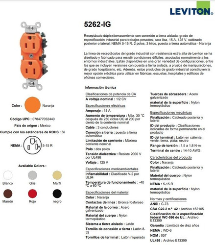 Imagen 4 de 5 de Toma Corriente, Levitón 15a 125v Grado Industrial - Naranja