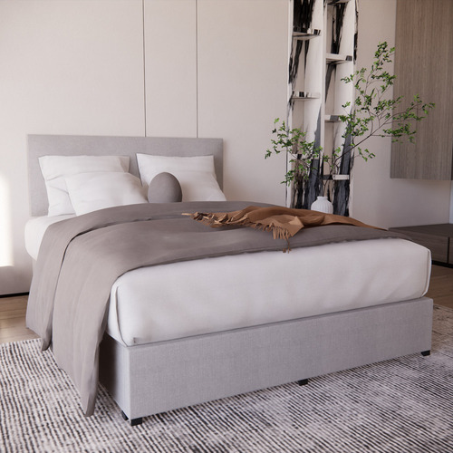 Cama Recamara Base Y Cabecera Urban King Size Madera Tapiz Lino Gris
