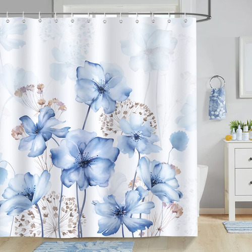 Bonhause Cortina De Ducha Floral Azul De 72 X 72 Pulgadas, C