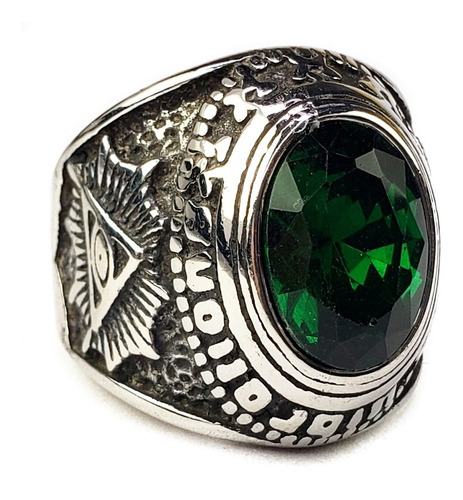 Anillo Baphomet Verde Y Ojo Que Todo Lo Ve Acero Inoxidable