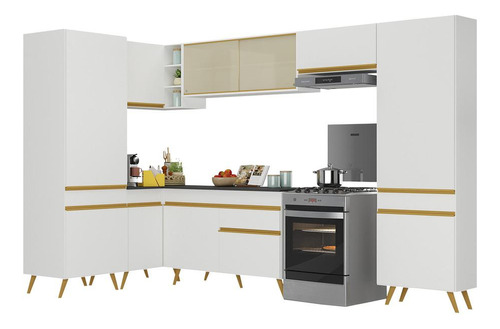 Cozinha Completa De Canto Veneza Gw Multimóveis Mp2055 Branc Cor Branco/Dourado