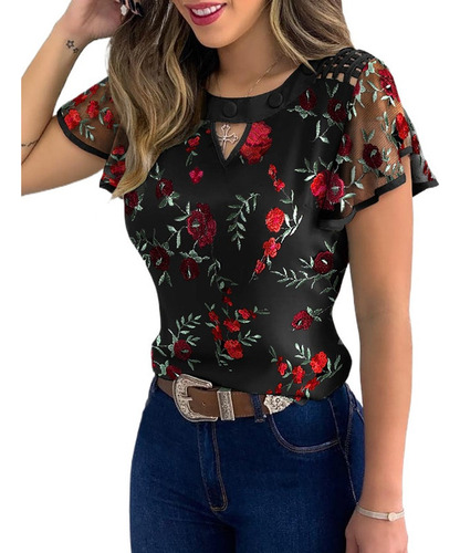 Top De Malla Transparente Con Bordado Floral Para Mujer