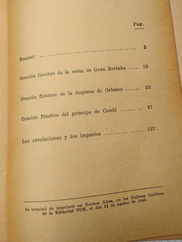 Oraciones Fúnebres Bossuet Biblioteca De Ideas Tor (Usado)