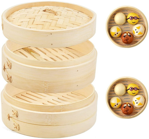 arroz 15 cm. pescado 2 niveles de madera de bambú natural albóndigas herramientas de cocina para bollos asiáticos Cesta de vapor de bambú verduras 