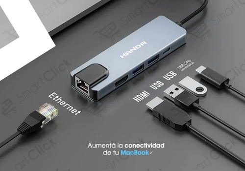 Imagen 2 de 10 de Adaptador Usb C Macbook Pro Air Hub Hdmi 4k Lan Rj45 5 En 1