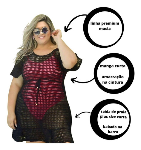 Imagem 2 de 8 de Saída De Praia Plus Size Vestido Tricô Preto Branco Verão
