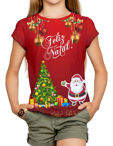Camiseta Feliz Natal Meninas Infantil Papai Noel Blusa Est2