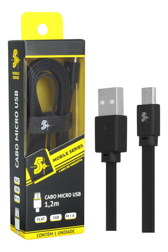 Cabo Carregador De Celular Micro Usb Flat 1.20m Preto 5+