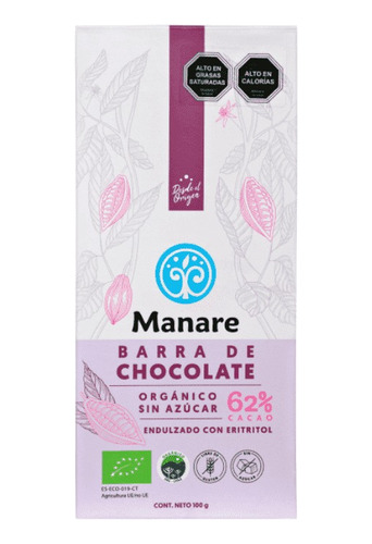 Manare Chocolate 62% Cacao Sin Azúcar Sin Gluten 100 G