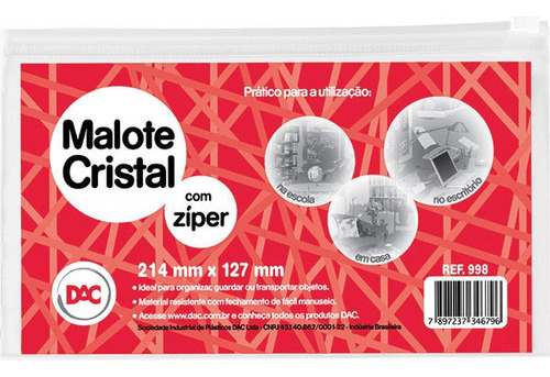 Pasta Malote Cristal C/ziper 215x123mm Dac Pct.c/05