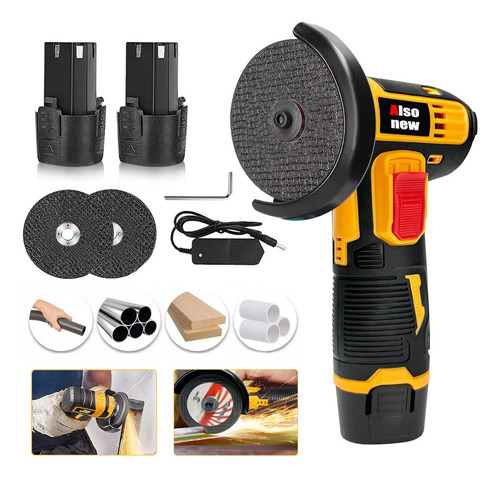 Mini Esmeriladora ALSONEW Angular Recargable Inalámbrica 12V Color Amarillo