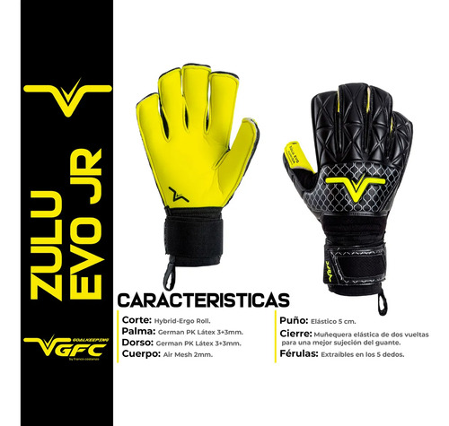 Guantes De Arquero Zulu Evo C/varillas Infanti - Vgfc Volk Negro/verde 5