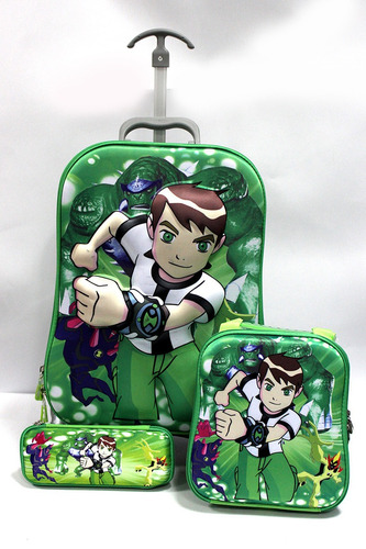 Lindo Kit Mochila Ben 10, 3 Rodas Lancheira + Estojo 3d