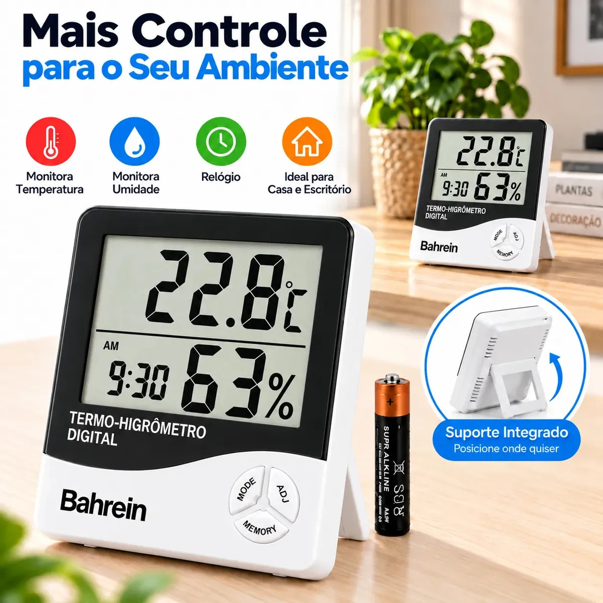Termo Higrômetro Digital Bahrein para Medir Temperatura e Umidade com Relógio