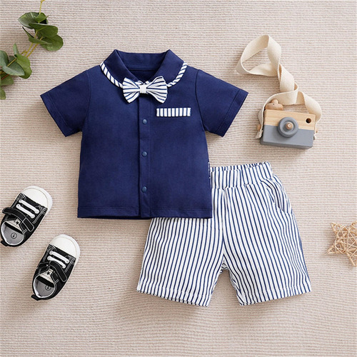 Conjunto De Camisa Y Shorts De Rayas De Verano Para Bebés Azul Marino 0-3 M