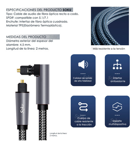 Soku Cable Audio Fibra Óptica Estéreo Digital 5.1 Codo Pro
