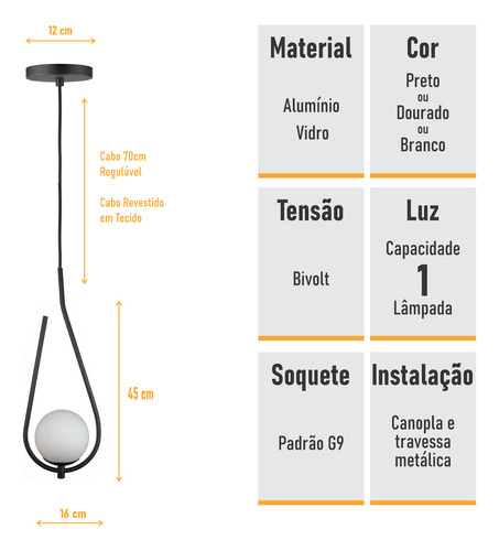 Lustre Pendente On Drop Com Globo De Vidro Estrutura Preto/ Vidro Branco