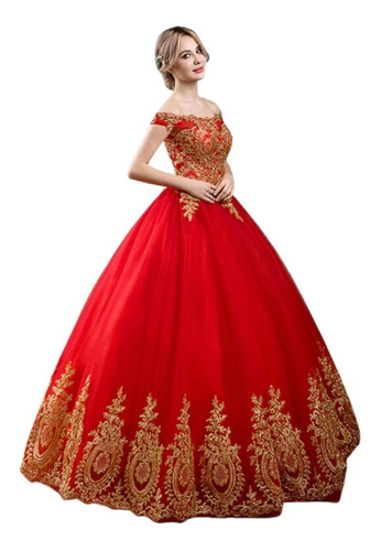 Vestido De Quinceañera Elegante Color Rojo Y Dorado Barato
