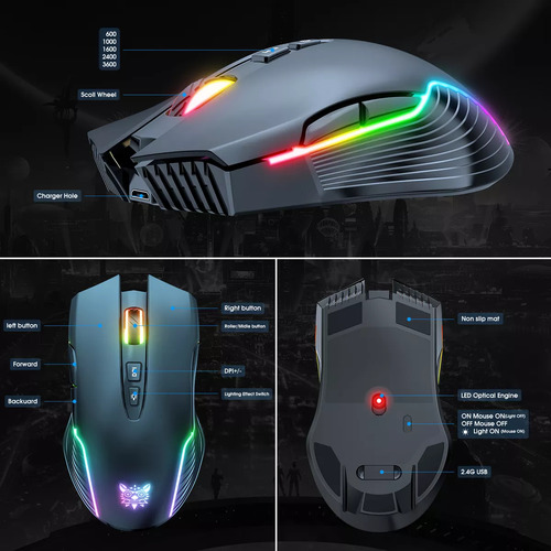 Mouse Gamer Inalambrico Onikuma 7 Botones 3600dpi Rgb Recarg