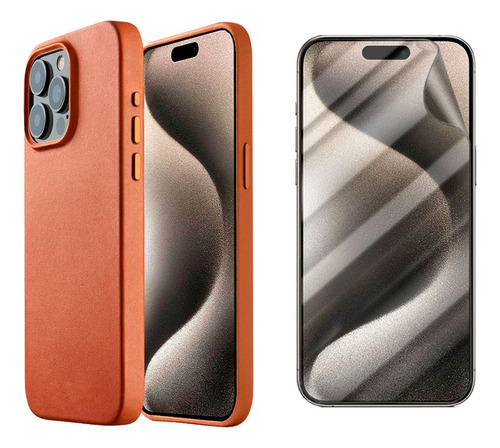 Estuche Leather Case Magsfe iPhone Para 15 Pro +protector