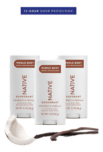 Native Whole Body Deodorant, Coconut & Vanilla, 2.3oz., 3pk. Fragancia coco y Vainilla