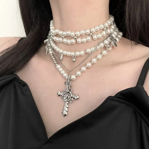 Collar Pearl Cross Con Cadena De Clavícula Multicapa Para Mu