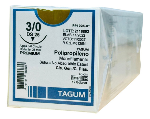 Sutura Polipropileno 3-0 Aguja 3/8 Cortante 25mm Caja C/12