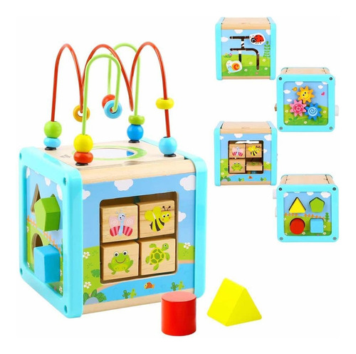 Cubo Madera Actividades 5 En 1 Juego Tooky Toy-cadaques Kids Color Turquesa