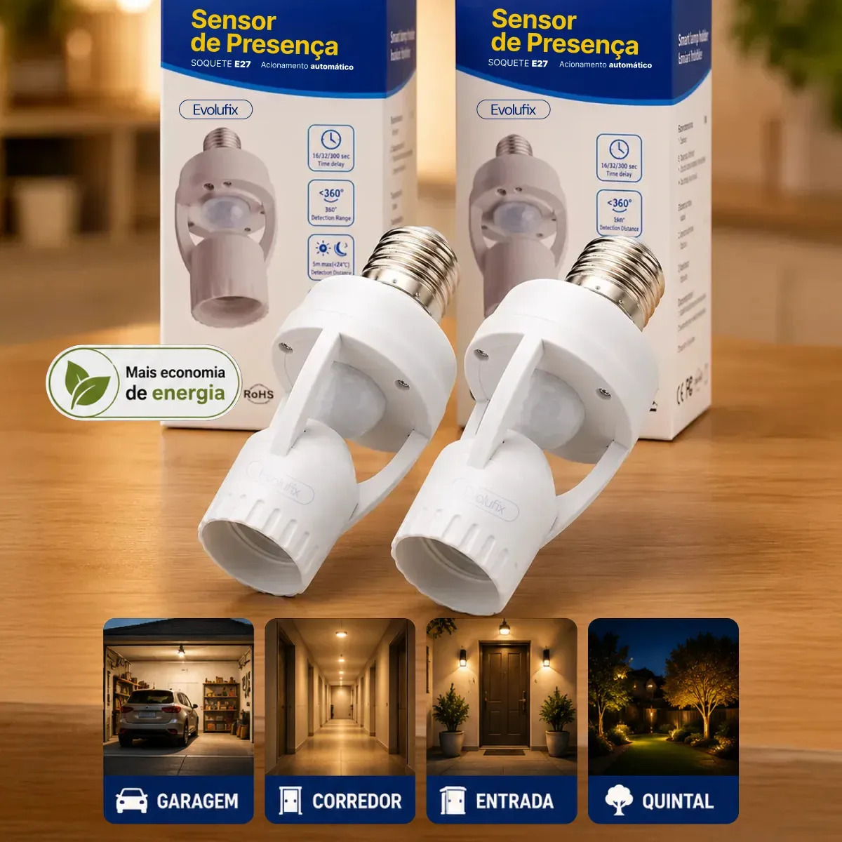 Kit 2 Sensor De Presença Lâmpada Soquete E27 Iluminação Fotocélula Movimento Infravermelho Apaga Sozinho Detecta Movimentos Externo E Interno Bocal Automático Evolufix
